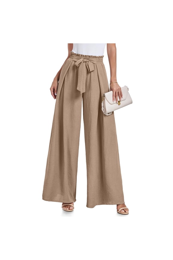 Wide Leg Womens Pants Pleated High Rise Beige Work Pants Tie Front Business Office Pants Fun Pants Women L