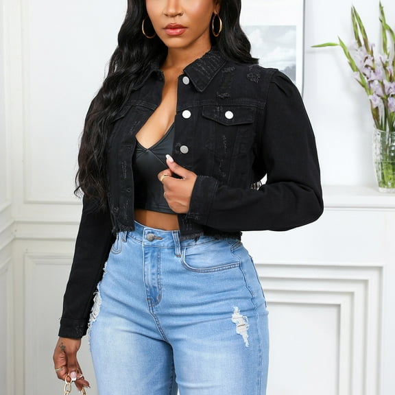Dolkfu Winter Jackets for Women Cropped Distressed Black Denim Jacket Button Down Ripped Jean Shacket Womens Coats L