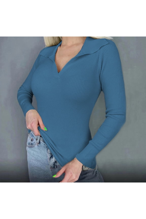 Womans Sweaters Blue V Neck Collared Dressy Solid Base Ribbed Sweater Ladies Shirts,L