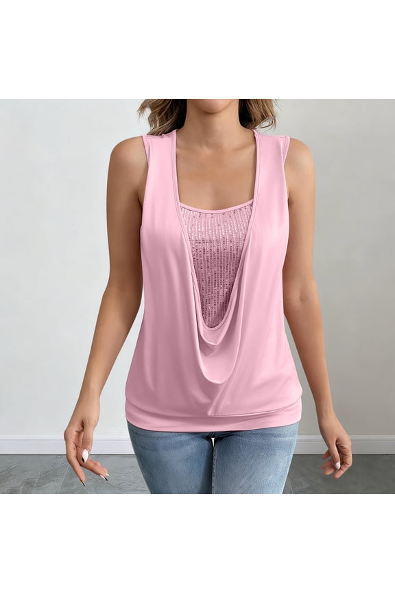 Womans Tops Loose Fit V Neck Sequin Shiny Tank Tops Sleeveless Patchwork Womens Shirts XXL