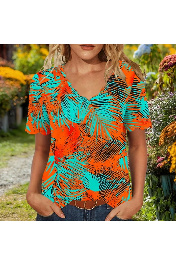 Women'S Blouses Leaves V-Neck Orange Short Sleeve Tops Hawaiian Style Botanical T-Shirts Orange,Xl