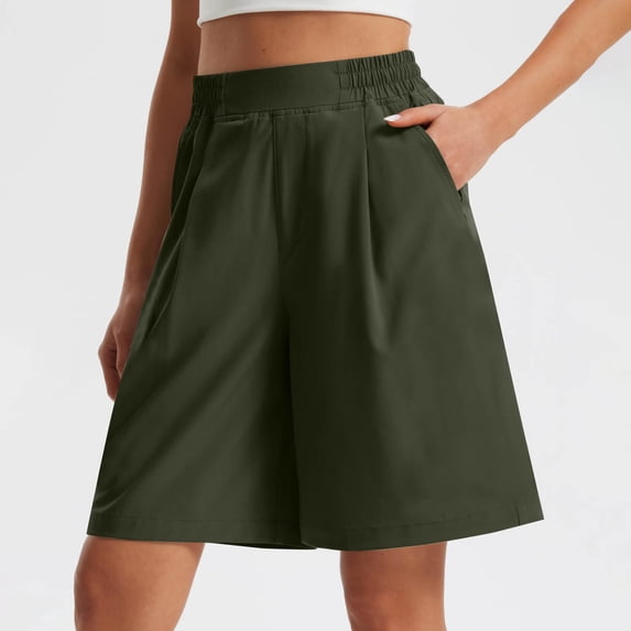 Dolkfu Women Shorts Casual Wide Leg High Waist Burmuda Shorts Green Elastic Baggy Womens Shorts S
