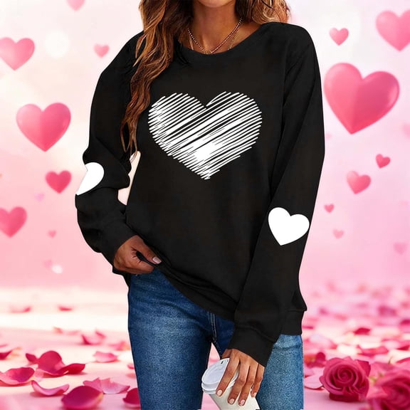 Dolkfu Women Sweatshirts Love Heart Black Valentines Pullover Shirts Crewneck Plus Size Active Womens Tops L