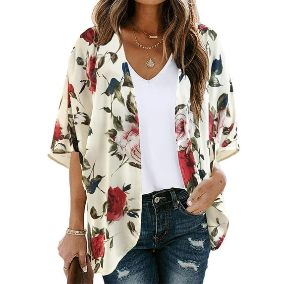 Dolkfu Women Winter Jacket Women's Floral Print Puff Sleeve Kimono Cardigan Loose Chiffon Cover Up Casual Blouse Tops