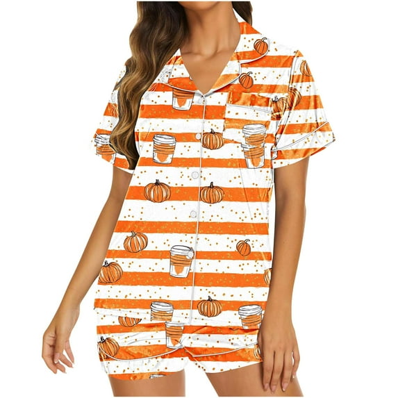 Dolkfu Women's Lounge Set Helloween Pumpkin Short Sleeve Button up Stretch Shorts Set Womens Casual Sleepwear L