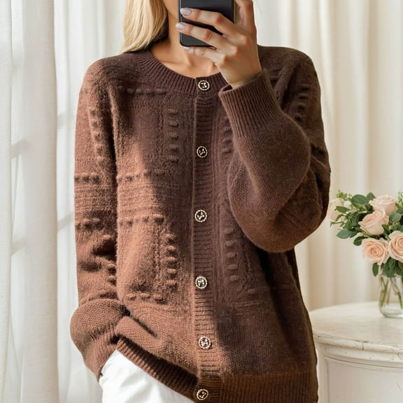 Dolkfu Women's Sweaters Solid Button Up Crew Neck Brown Cardigan Sweater Casual Texured Knit Shirt Women Winter Tops M
