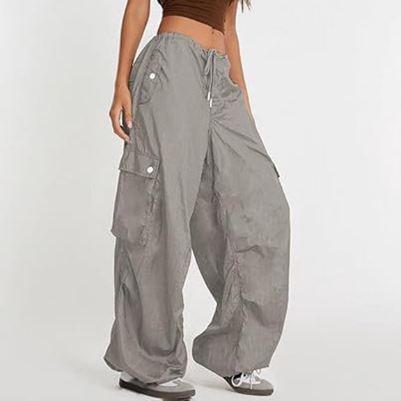 Dolkfu Womens Casual Pants Low Waisted Cargo Wide Leg Gray Parachute Pants Drawstring Casual Streetwear Women Trousers M