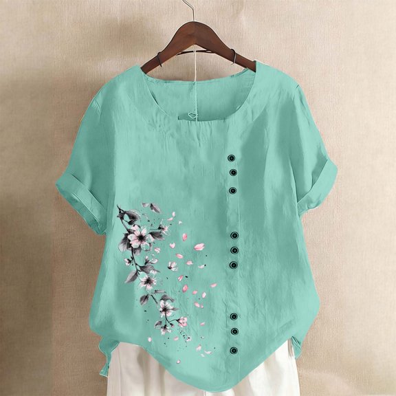 Dolkfu Womens Casual Tops Linen Crew Neck Short Sleeve Green T-Shirts Loose Fit Breathable Shirts for Women S