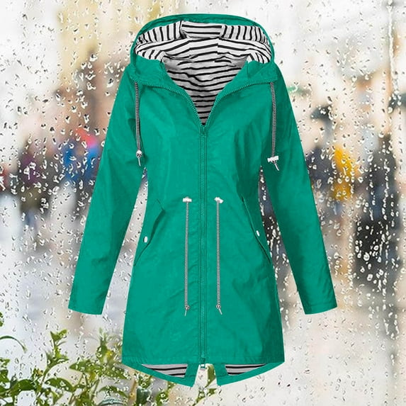 Dolkfu Womens Fall Jacket Green Waterproof Hooded Windbreaker 2 Way Zipper Outdoor Lightweight Jacket Womens Coats 5XL