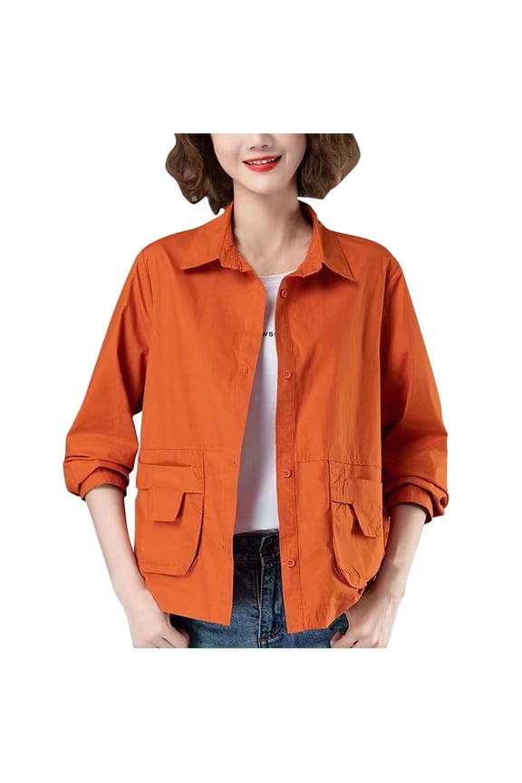 Womens Fall Jackets Orange Cargo Button Down Trucker Jacket Lightweight Classic Fit Shacket Womens Coats M