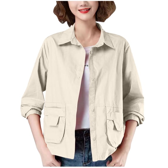 Dolkfu Womens Jacket Beige Cargo Button Down Trucker Jacket Lightweight Classic Fit Shacket Fall Coats for Women 2025 L