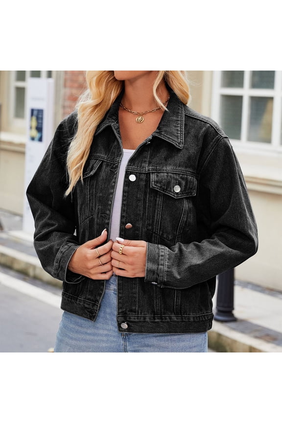 Womens Jacket Button Down Black Cowgirl Denim Jacket Classic Fit Cargo Jean Shacket Womens Winter Coats L