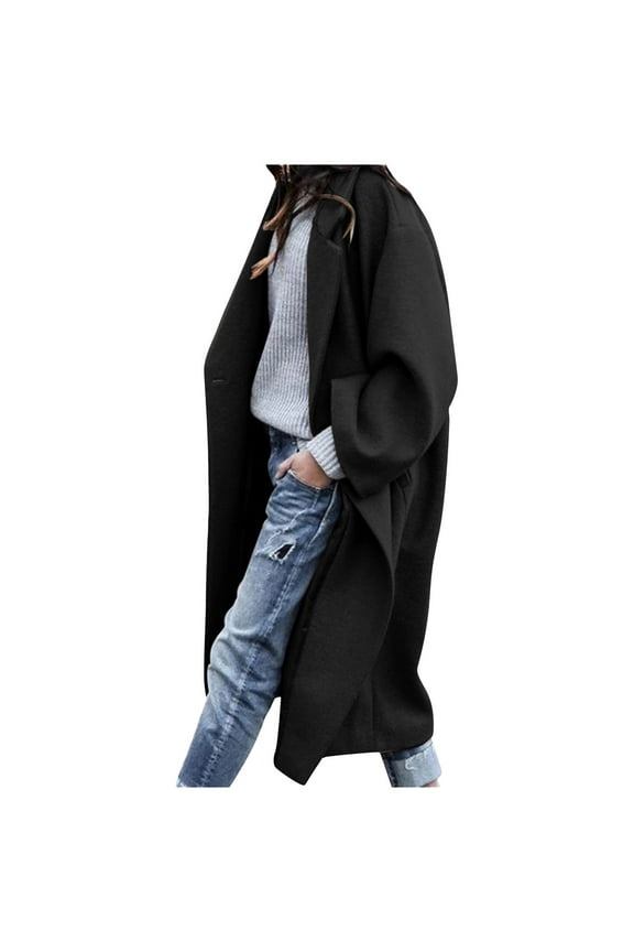 Womens Jacket Notched Lapel Black Wool Trench Coat Duster Double Breasted Long Jacket Women's Winter Coats S