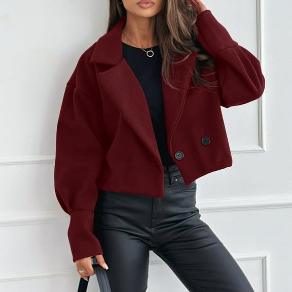 Dolkfu Womens Jackets Fall Wool Notched Lapel Red Trench Coat Cropped Double Breasted Peacoat Womens Coats Winter M