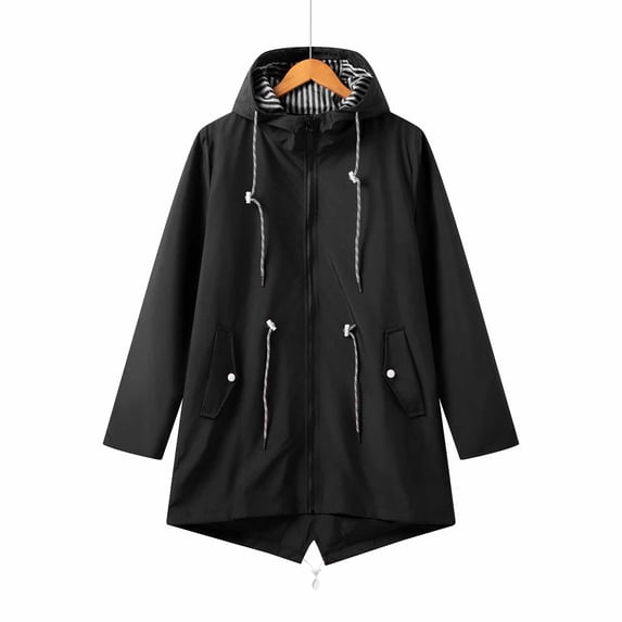 Dolkfu Womens Jackets Waterproof Black Hooded Windbreaker Zip Up Solid Down Jacket Womens Coat L