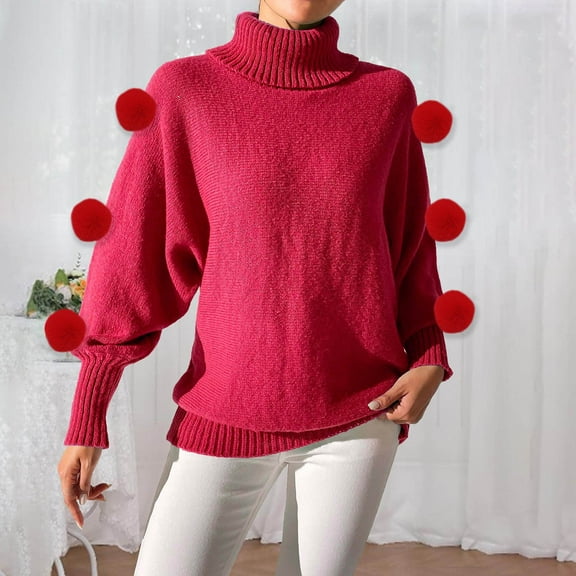 Dolkfu Womens Sweater Cute Oversized Red Turtleneck Knit Tops Pom Pom Elegant Sweater Women's Plus Size Sweaters M