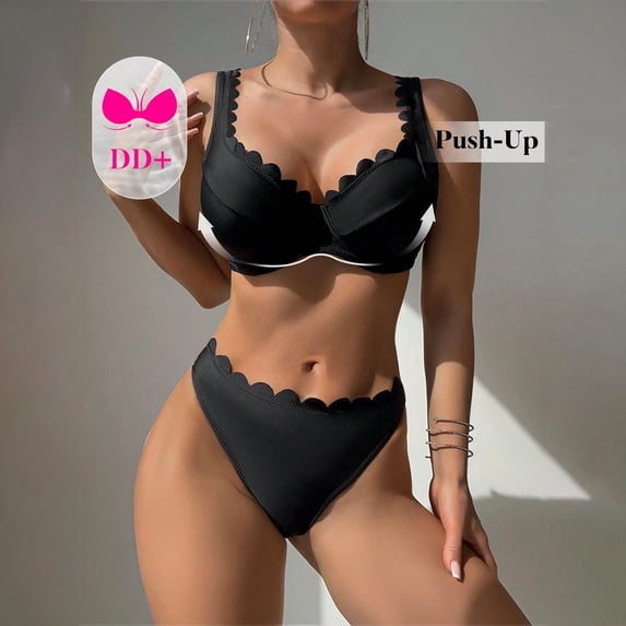 Dolkfu Womens Swim Suit Two Piece Scalloped Sexy Bikini Sets Push Up Cheeky Ruffled Bathing Suit for Curvy Women L