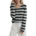 thumbnail image 1 of Dolkfu Womens Winter Sweaters Striped V Neck Slouchy Black Knit Shirt Lightweight Long Sleeve Sweater Women's Tops L, 1 of 4