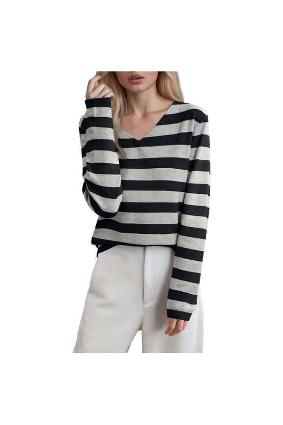 Womens Winter Sweaters Striped V Neck Slouchy Black Knit Shirt Lightweight Long Sleeve Sweater Women's Tops L