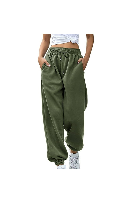 Workout Pants for Women Green High Waisted Sweatpants Drawstring Solid Loose Joggers Trousers for Women L