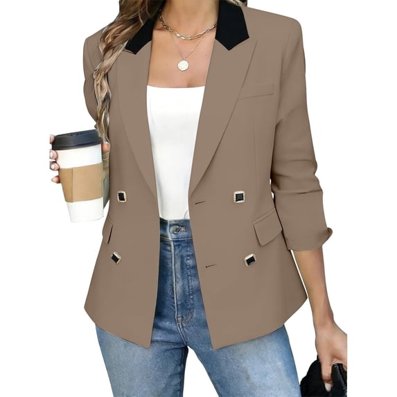 Dolkfu Yellow Going Out Jackets Button With Shoulder Pads V-Neck Long Sleeve Suit Business Casual Modern Solid Jackets Khaki,S