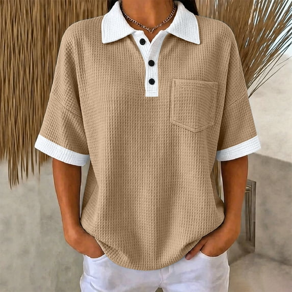 Dolkfu Yellow Going Out Tops Retro Vintage Polycotton Short Sleeve Collared Button Fashion Modern Patchwork Blouses & Tops Khaki,S