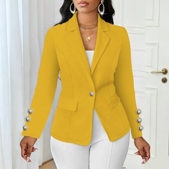 Dolkfu Yellow Women'S Blazers & Suit Jackets Long Sleeve Collared Button Refined Suit Business Casual Solid Modern Jackets Yellow,L