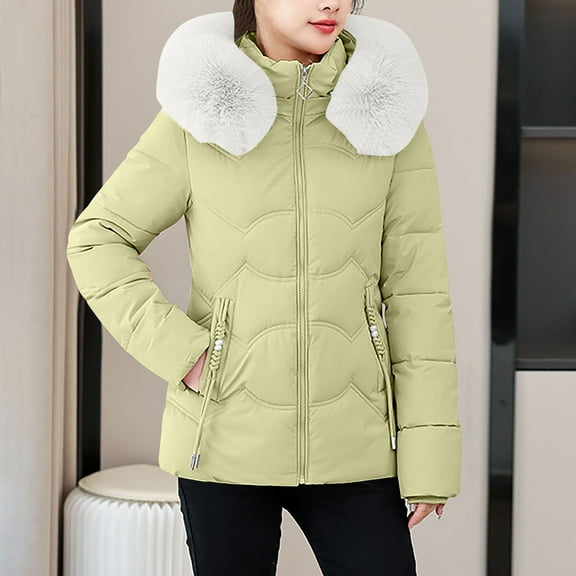 Dolkfu Yellow Womens Jackets Fall Hooded Thicken Puffer Jacket Slim Fit Zip Up Isulated Outerwear Womens Coats XXL