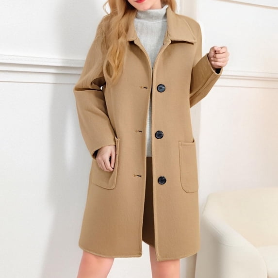Dolkfu Yellow Womens Jackets Wool Lapel Collar Single Breasted Trench Coat Mid-Length Button Down Peacoat Womens Coat L