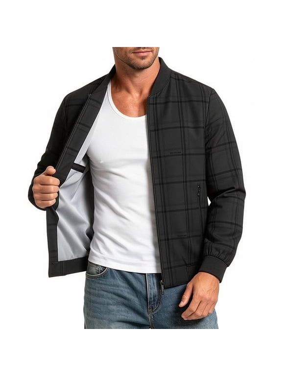 Zip Mock Neck Men'S Coats, Jackets & Vests Long Sleeve Black French Style Full Zip Bomber Classic Fit Business Casual Plaid Jackets Black,L