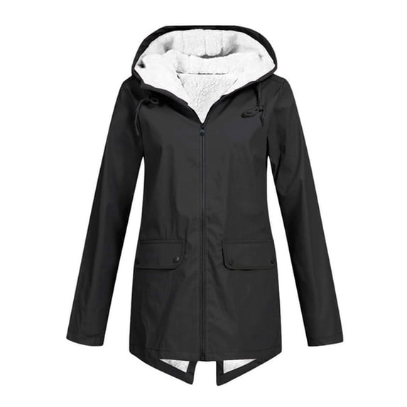 Dolkfu Zip Up Jackets for Women Trendy Waterproof Hooded Black Windbreaker Heavyweight Track Rain Jacket Women's Coat L