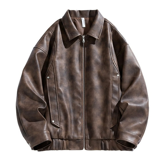 Dolkfu Zip up Mens Jackets Faux Leather Motocycle Brown Bomber Jacket Vintage Baggy Streetwear Mens Outerwear M
