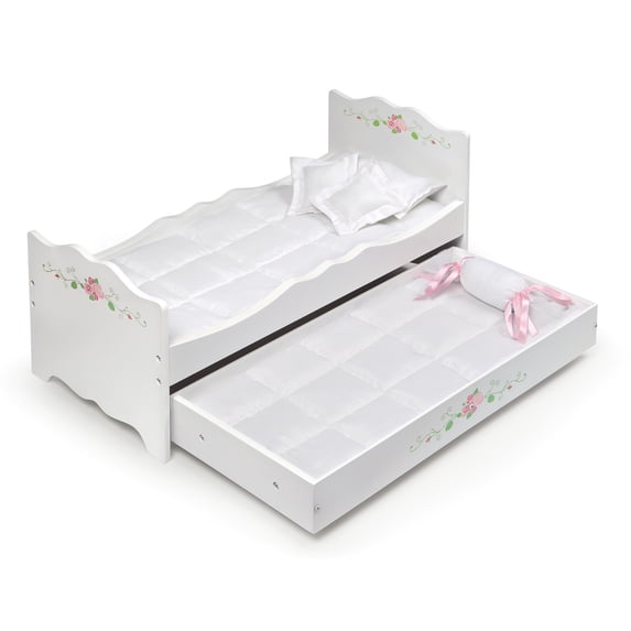 Doll Bed with Trundle and Bedding - White Rose