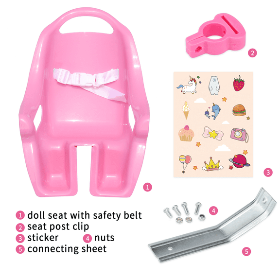 Doll Bike Seat for Girls Bicycle with DIY Unicorn Decals, Baby Doll Bicycle Carrier, Kids Bike American Doll Accessories, Pink