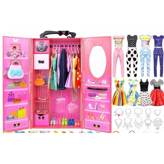 Doll Closet for barb with Doll Accessories for 11.5 Inch Doll - Fashion Design Doll Set Including Wedding Dress Fashion Dresses Outfits Tops and Pants Hangers Bags