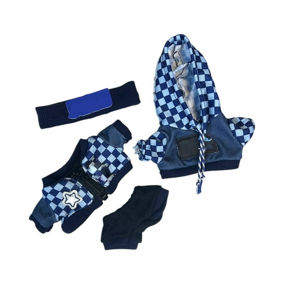 Doll Clothes For 17Cm Sitting Party Plushies, Random Dark Blue Checkered Outfit With Hoodie, Overalls, And Accessories, Ideal For Collectors, ’ Play, Doll Display