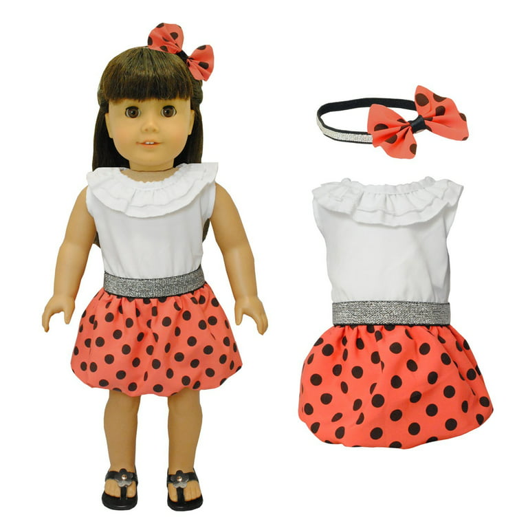 Doll Clothes - Red Polka Dots Dress with Head Band Set Fits
