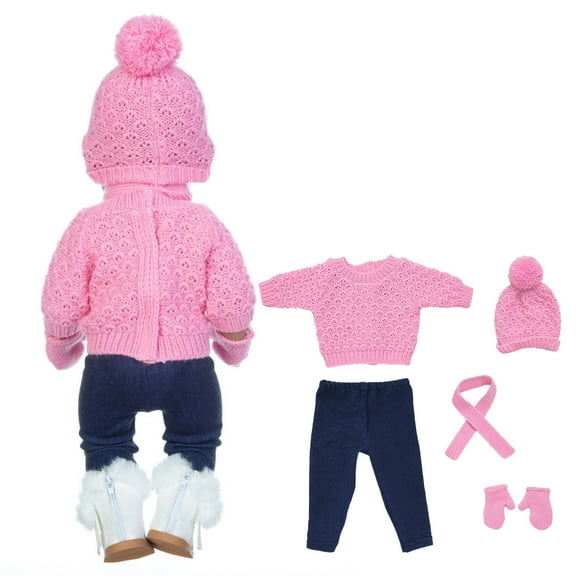 Doll Clothes Set for 18" Doll, 5PCS Winter Coat Set Includes Sweater, Pants, Knit Hat, Scarf, Glove, Doll Pink Coat Gift Set for Winter Home Indoor Outdoor Decor