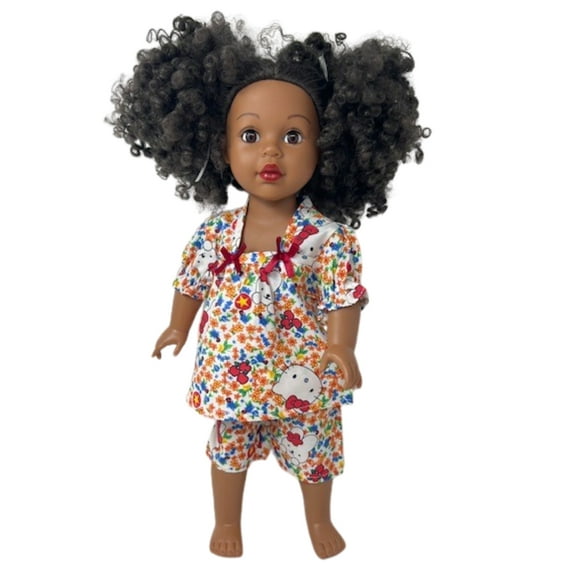 Doll Clothes Superstore Handmade 18-Inch Doll Pajama Set – Kitten Print with Floral Design, Puff Sleeves & Maroon Bows