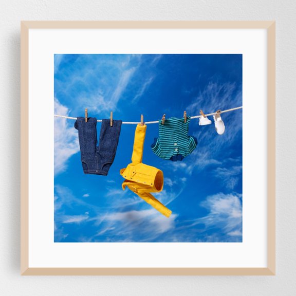Doll Clothes on Clothesline - Photography Humor Surrealism Minimalist Modern Art Pop Art Skyline Retro Oak Framed Wall Art Print 8 x 8 inches