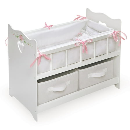Doll Crib with Bedding, Two Baskets, and Free Personalization Kit - White Rose