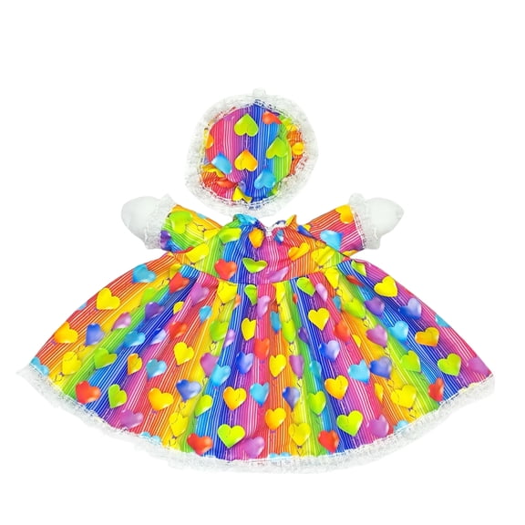 Doll Dress Set with Heart Print Design Pleated Skirt and Matching Bonnet for 18 Inch Dolls and Plush Toys