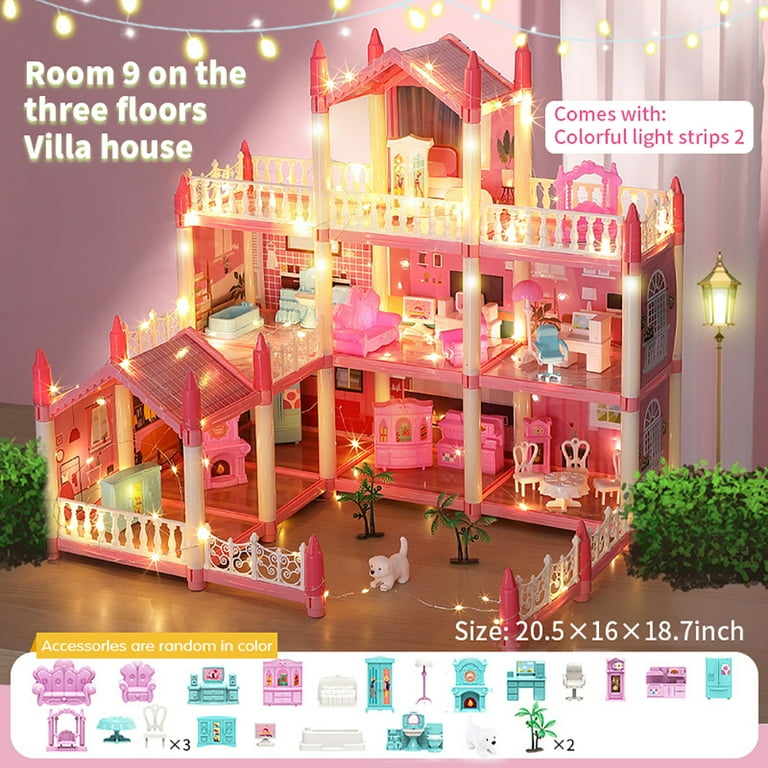 Doll House for Girls 2 3 4 5 6 7 8 Year Old - 3-Story 9 Rooms Dollhouse  with 3 Dolls Light Accessories Furniture and Play Mat, DIY Pretend Dream  House Toy Gift for Kids 