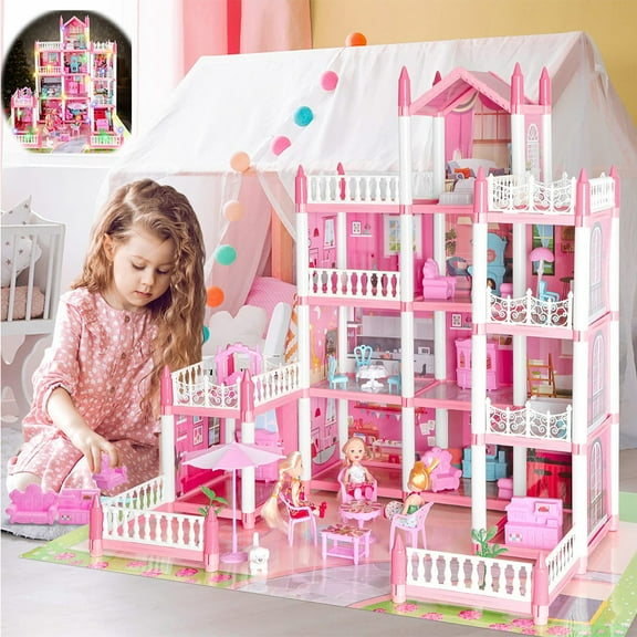 Doll House for Girls,4-Story 11 Rooms Dollhouse with 4 Dolls Figure, Puppies,Furnitures, Accessories, LED Light, Toddler Playhouse Gift for for 3-10+ Year Old Girls Toys