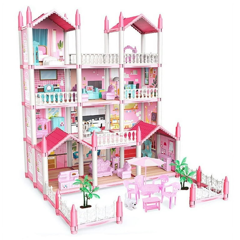 Pemalin Doll House Set with 11 Rooms and Furniture Accessories, Pink Play Dream House for Girls, DIY Building Pretend Play Doll House Gift Toy for