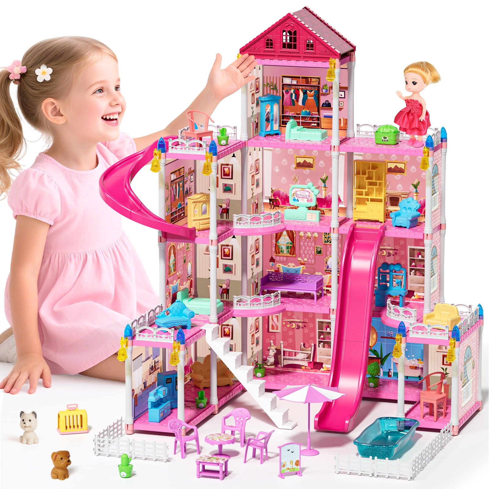 Doll House - Toys for 4 Year Old Girl, Dream Dollhouse 12 Rooms Playhouse with LED Lights Furniture and Accessories, Pretend Play Kit Doll Houses for Girls 4 6 Years
