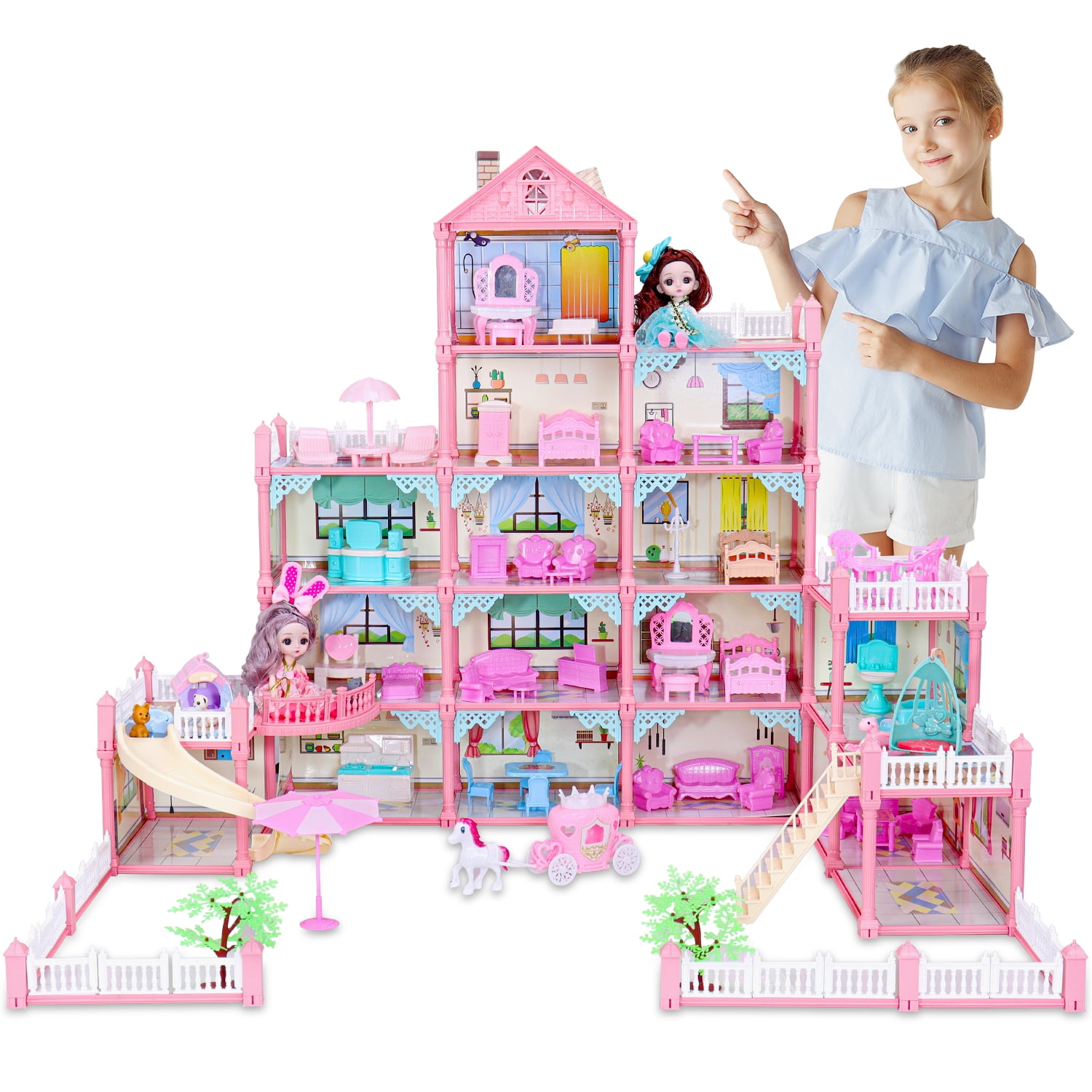 Doll House for Girls with Dolls Figure, Puppies , Furnitures, Accessories, LED Light, Gift for Girls Ages 3 4 5 6 7 8+