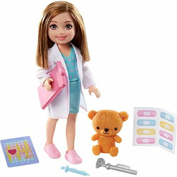 Doll & Playset with Brunette Chelsea Can Be Doctor Doll & Accessories Including Clipboard, Medical Tools & Bandage Stickers