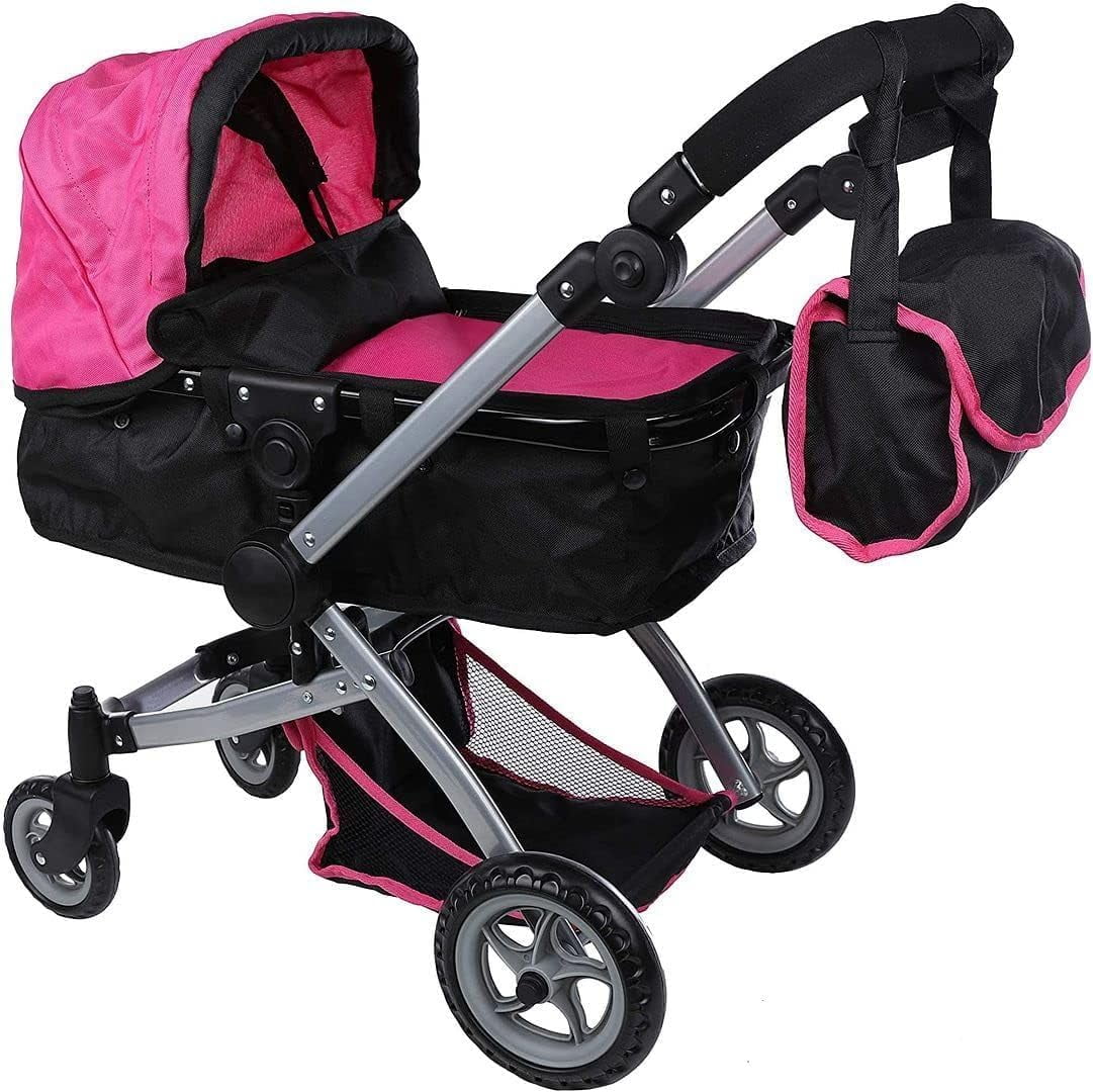 Doll Pram Foldable Doll Stroller with Basket, Convertible Seat