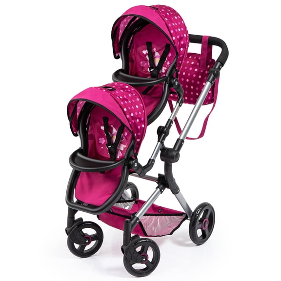 Doll Pram Neo Twin W/ Shoulder Bag, Hot Pink & Polka Dots, Fairy